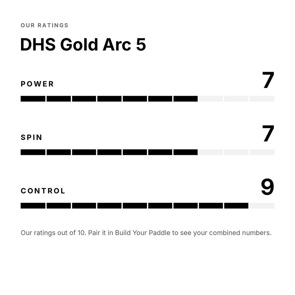 DHS Gold Arc 5 rubber: power, spin and control ratings